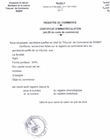 Certificat d’inscription au registre de commerce 